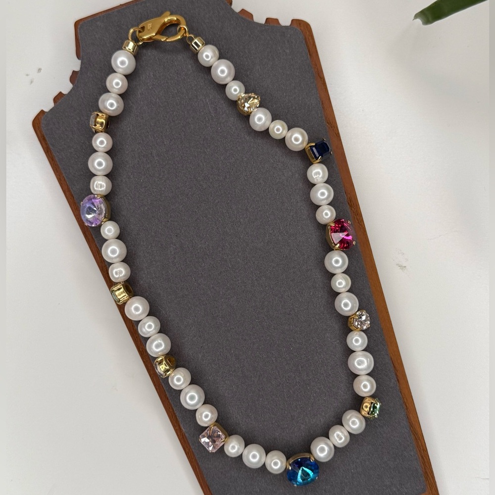 Martha Calvo Pearl Crystal Charm Necklace Gold Multicolor Statement 18” - Picture 6 of 9